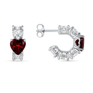 Sterling Silver 925 Rhodium Plated Red Garnet CZ Heart Shape Semi Hoop Earrings